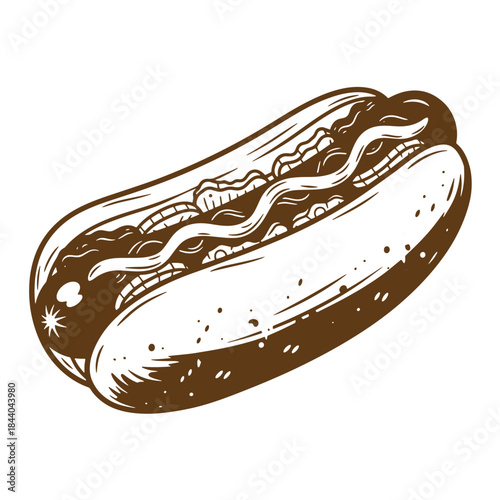 Hand drawn illustration of a delicious vintage sketch style hot dog ready to eat.