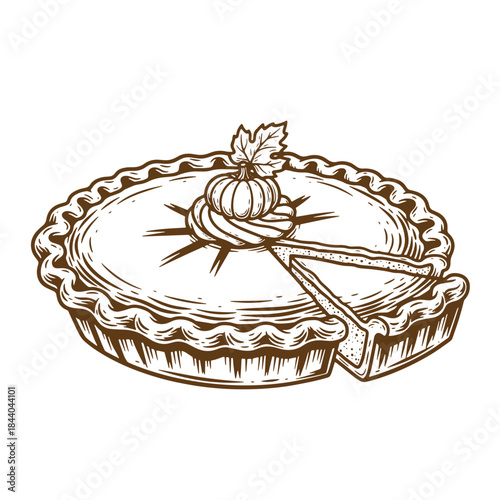 Hand drawn sketch illustration of a delicious pumpkin pie with a slice and festive decorations