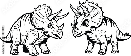 Two cartoon triceratops dinosaurs facing each other in black and white prehistoric ancient