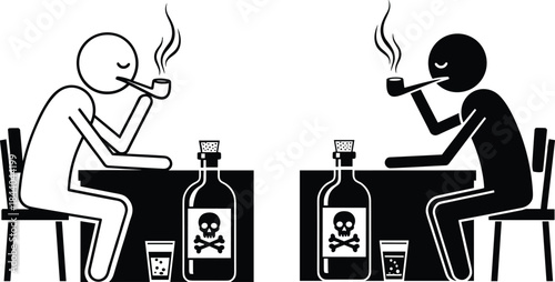 Two stick figures smoking pipes and drinking from poison bottles person woman