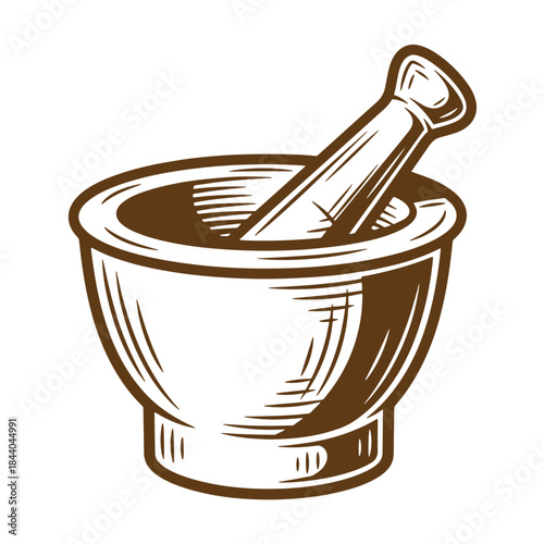 Simple vintage sketch illustration of a mortar and pestle for culinary or herbal use