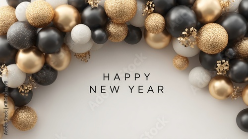 Celebration with black and gold balloons for New Year event at venue on a festive evening