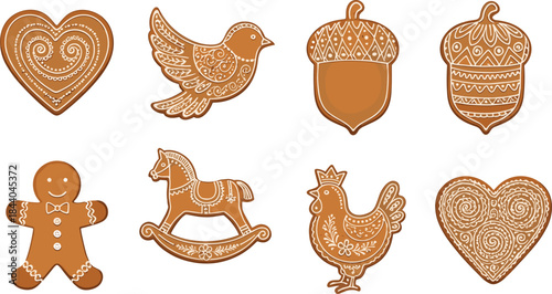 Decorated gingerbread cookie set featuring festive shapes like heart, bird, horse, and person with icing vector illustration