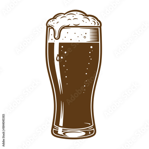 Vintage sketch illustration of a full pint glass of dark beer with overflowing foam