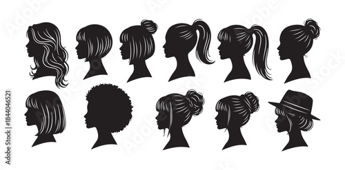 Gathering of Female Silhouette Profiles Showcasing Various Hairdos