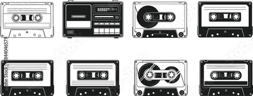 Eight Monochrome Icons Representing 80s and 90s Vintage Music Technology and Mixtapes.