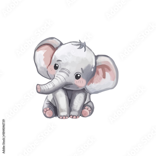 A cute gray cartoon elephant walking and standing on a white background