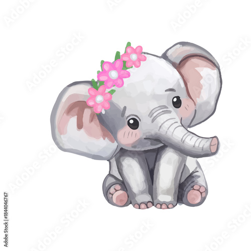 watercolor cartoon elephant with a pink ribbon and pink ball in a fun animal illustration style