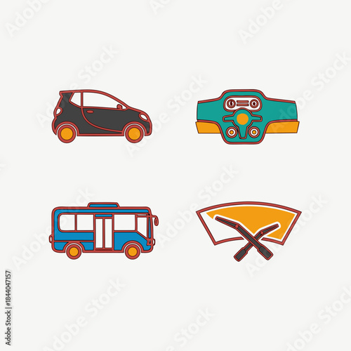 Public Transport and Vehicle Services Icon Set Featuring Taxi, Bus, Car and Service Symbols, Flat Icons for Urban Mobility and Transportation