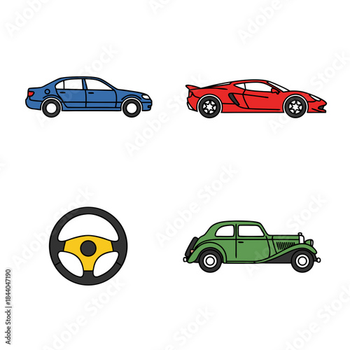 Car and Automotive Icon Set Featuring Sedan, Sports Car, Steering Wheel and Vehicle Symbols, Colorful Flat Icons for Transportation and Auto Concepts