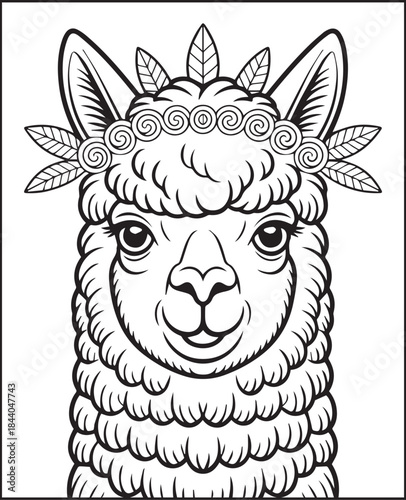 Animal coloring page for adults, Hand drawn alpaca with doodle and ornamental detailed line art vector illustration for anti stress coloring book design elements