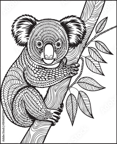 Animal coloring page for adults, Hand drawn koala with doodle and ornamental detailed line art vector illustration for anti stress coloring book design elements