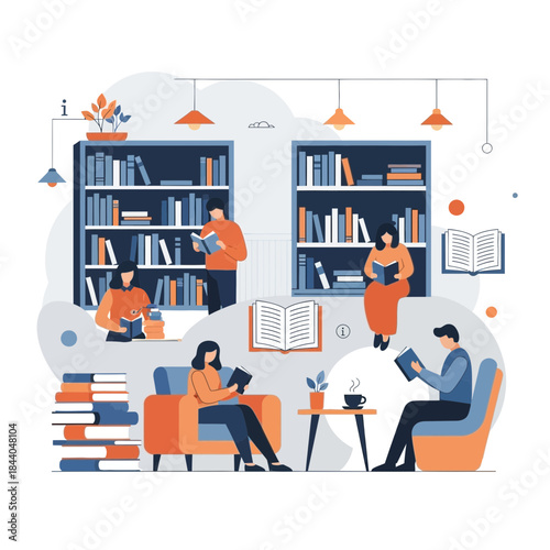 Diverse individuals find knowledge and relaxation surrounded by bookshelves, creating a serene atmosphere for learning and discovery.