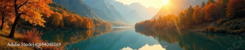 Golden sunrise paints autumn foliage reflected in turquoise Hintersee , colors, cold, morning