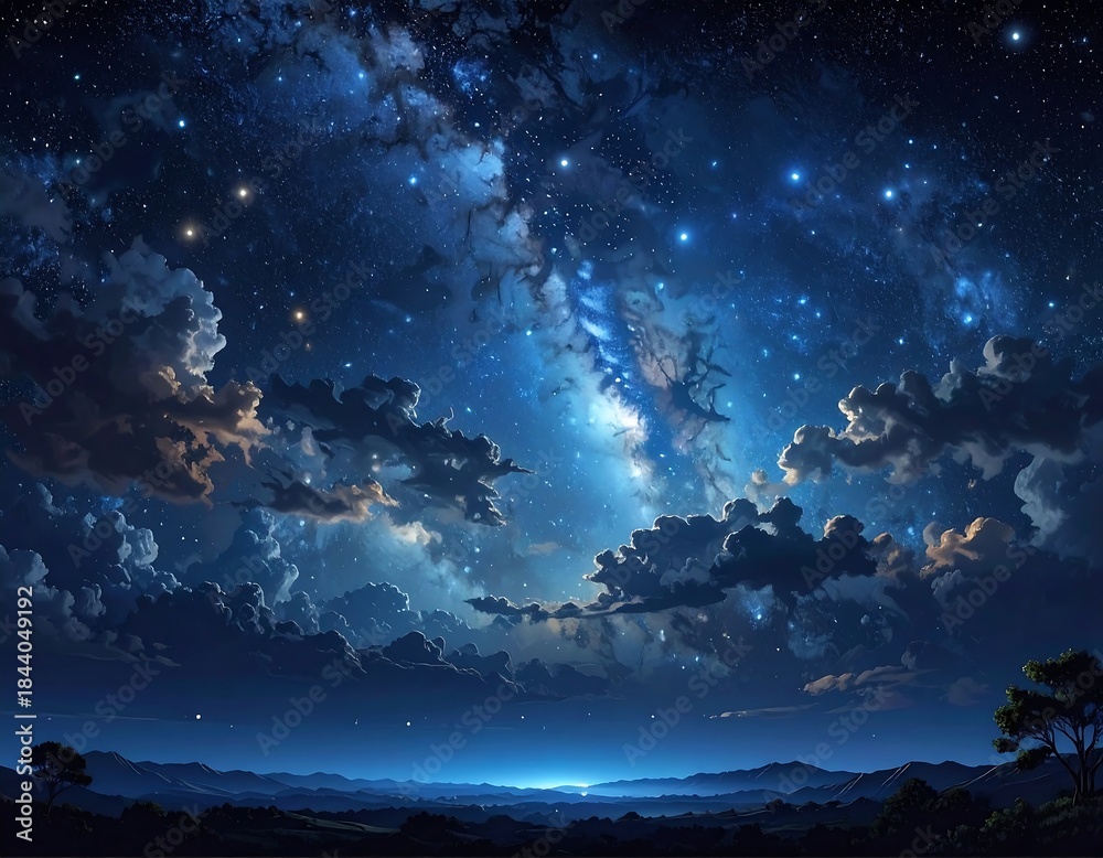 Naklejka premium Beautiful nightscape featuring a glowing sky filled with stars and clouds