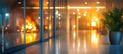 Lobby fire reflection, blurred interior