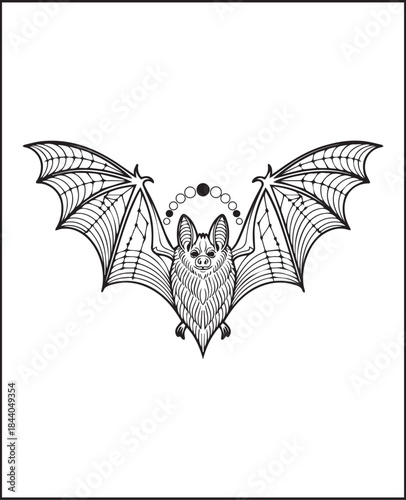 Animal coloring page for adults, Hand drawn bat with doodle and ornamental detailed line art vector illustration for anti stress coloring book design elements