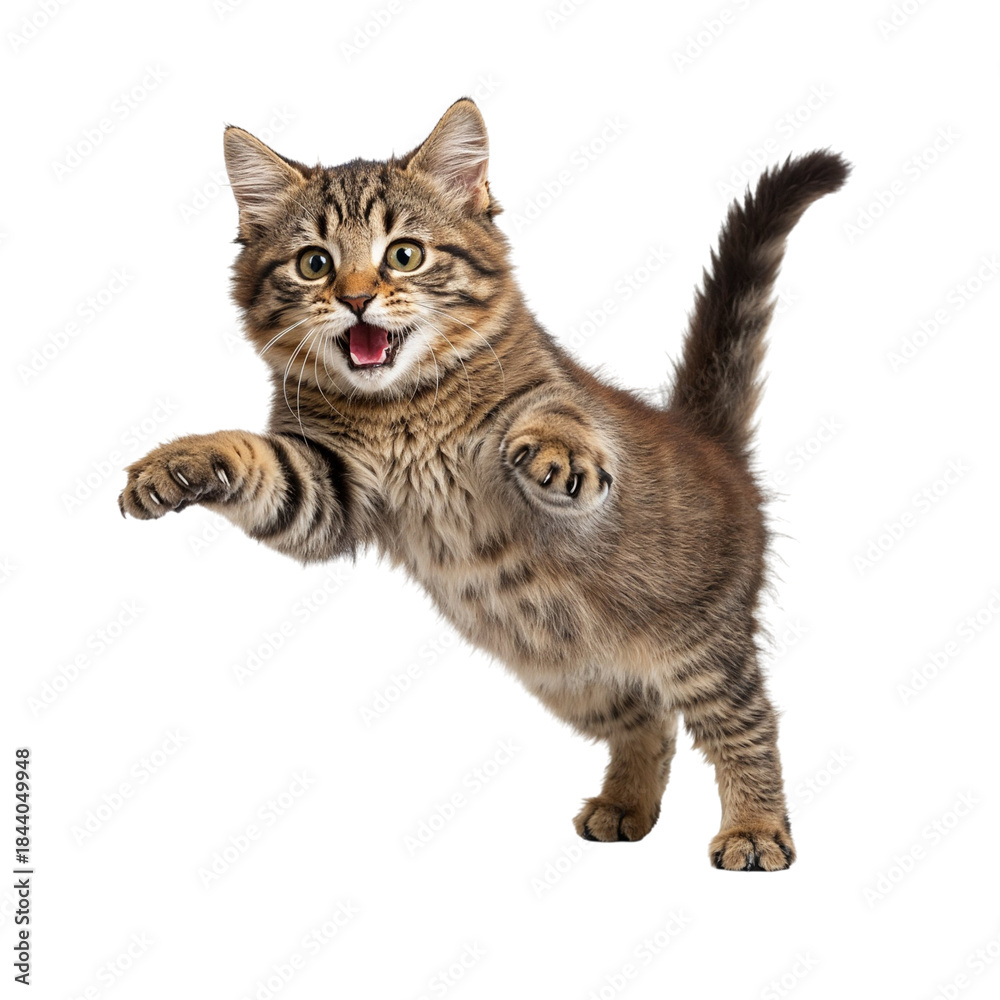 Obraz premium Playful tabby kitten jumping with mouth open isolated on transparent background