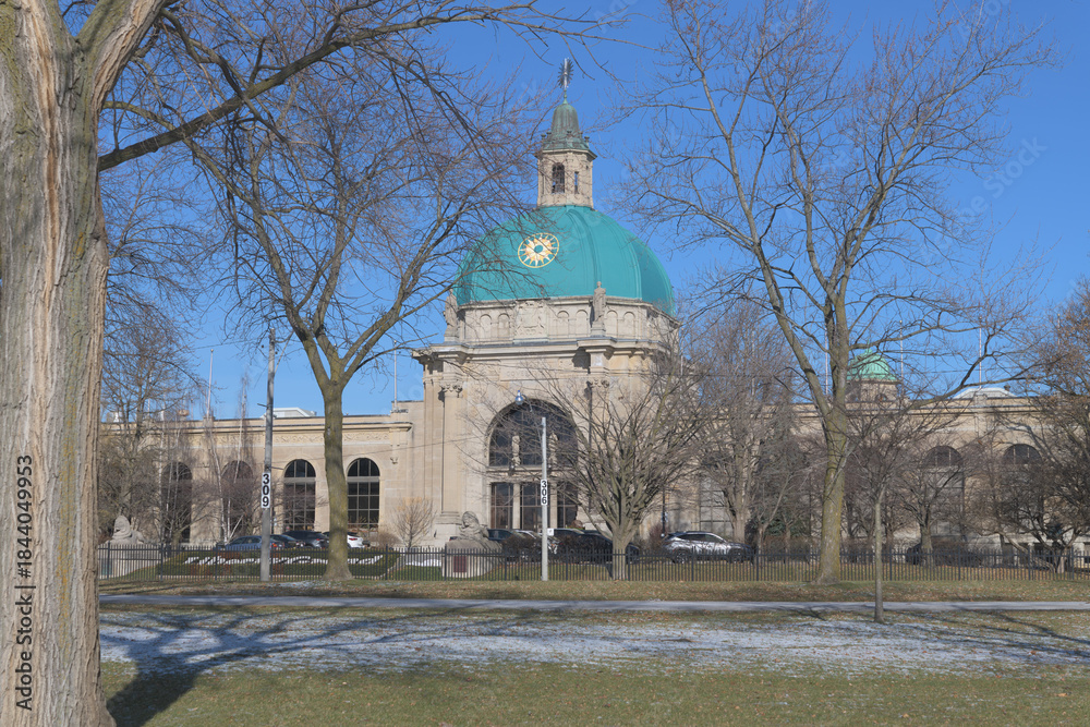 Naklejka premium CNE Ontario Government Building, designed by Chapman and Oxley, 1926, viewed from Martin Goodman Trail, December, Toronto