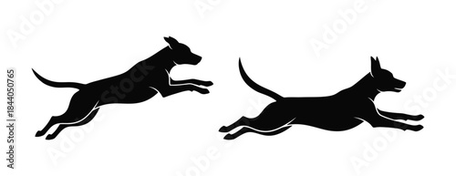 Dynamic silhouettes of dogs in active motion, capturing energy and speed with playful stride