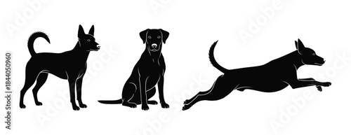 Dynamic canine silhouettes showcasing various poses, from standing to sitting and active running, perfect for animal-themed designs