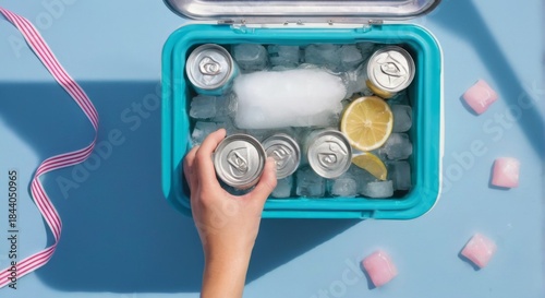 TopDown View of Hand Holding Soda Can in Blue Cooler with Lemon Slice, Ice Cubes, and Ribbon