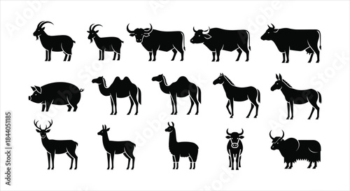 Collection of Farm and Domestic Animals in Silhouette Style