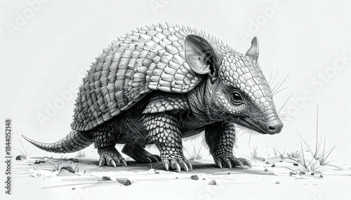 A detailed black and white sketch of an armadillo with its armored shell prominently displayed, standing on a sandy surface with sparse vegetation.