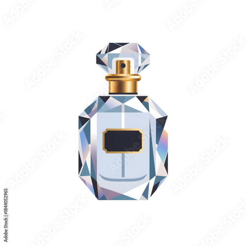 Elegant Crystal-Like Perfume Bottle with Iridescent Facets and Gold Spray Nozzle on Minimal Background