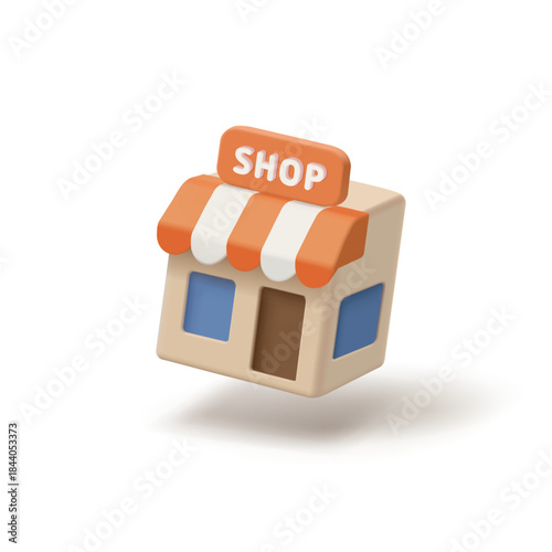 3D shop building with orange awning and a window on a white background that seems to be floating in the air. For shop, retail, sales concepts. Vector illustration.