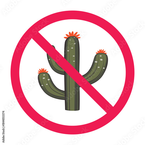 No cactus allowed sign, forbidden cactus sign, no spiky plant allowed icon, restricted cactus plant symbol, vector illustration