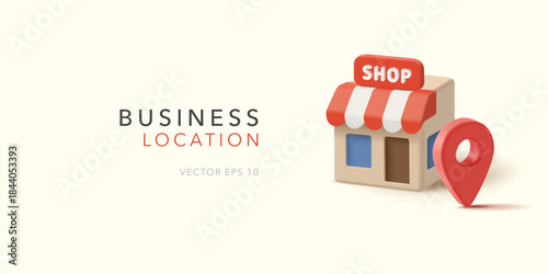 Banner with shop building and red location icon, 3D. For concepts of promotional offers, sales, discounts. Vector illustration.