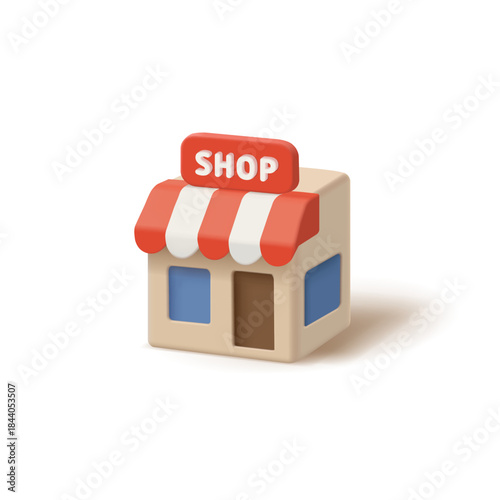 Simple 3D icon of a shop building on a white background. For business, retail, sales concepts. Business commerce, restaurants and cafes. Vector illustration.