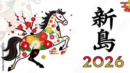 Decorative horse illustration with floral patterns and Japanese text for New Year 2026 symbolizing good fortune and celebration