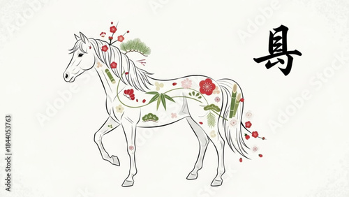 Elegant horse illustration adorned with traditional Japanese New Year floral motifs symbolizing good fortune and prosperity for festive designs