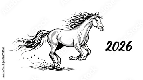 Dynamic illustration of a galloping horse with flowing mane and tail symbolizing speed and freedom isolated on white background with the year 2026