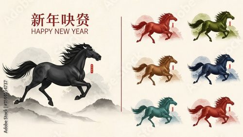 Collection of majestic horses in various colors symbolizing power and freedom perfect for Chinese New Year and cultural celebrations