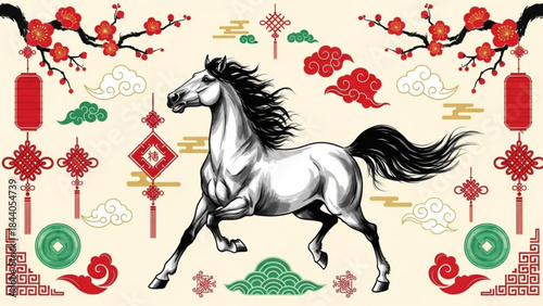 Majestic white horse illustration with traditional Chinese New Year decorations symbolizing good fortune and prosperity for festive celebrations