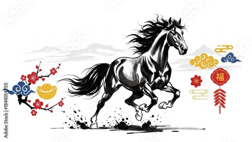 Dynamic black horse illustration with traditional Chinese New Year elements symbolizing prosperity and good fortune perfect for festive celebrations and cultural designs