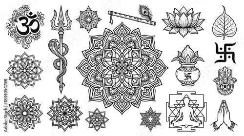 Detailed Hindu spiritual symbols set black line vector drawing