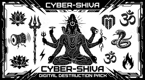 Cyberpunk Shiva surrounded by Hindu icons outline vector set