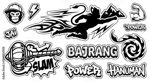 Powerful Hanuman mythological and graffiti stickers outline vector set