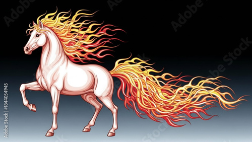 Majestic white horse with fiery mane and tail symbolizing power and mythical energy perfect for fantasy art and dynamic design