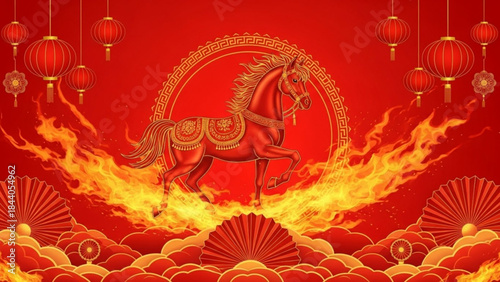 Fiery red horse illustration with traditional Chinese lanterns and clouds symbolizing power and good fortune for Lunar New Year celebrations