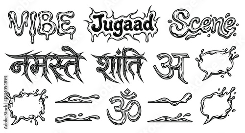 Stylized typography elements with Hindi words and English slang vector illustration
