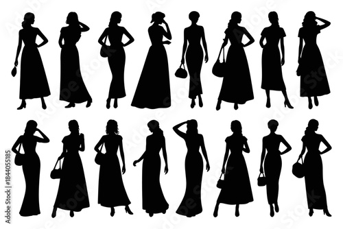 Collection of diverse female silhouettes standing in a row, wearing elegant dresses and fashionable attire with handbags, showcasing style, fashion diversity, modern women, chic illustration concept