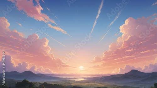 Vibrant sunrise over a rolling landscape, with soft clouds painted in hues of pink and orange across a clear blue sky.  Anime Style Backgrounds