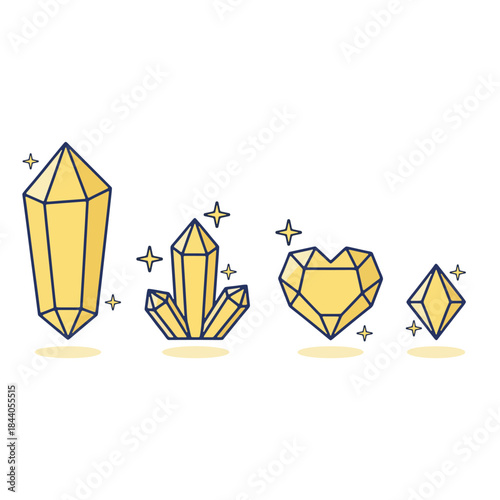 Isometric amber crystals and gold mineral shards vector for mining.