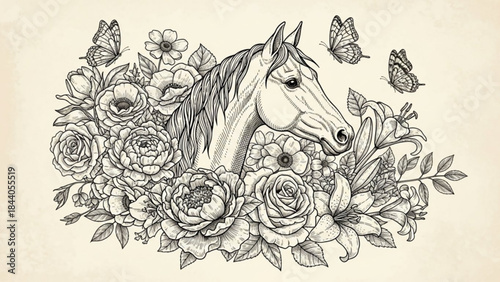 Elegant horse head surrounded by detailed floral elements and butterflies vintage illustration for design and decoration
