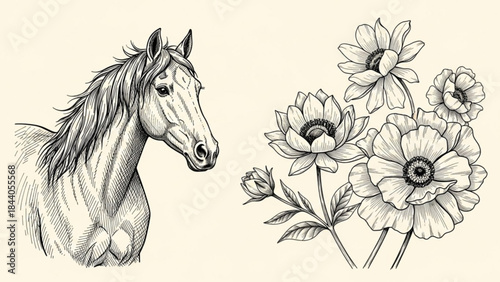 Detailed sketch of a horse head and blooming flowers elegant vintage illustration for design isolated on cream background